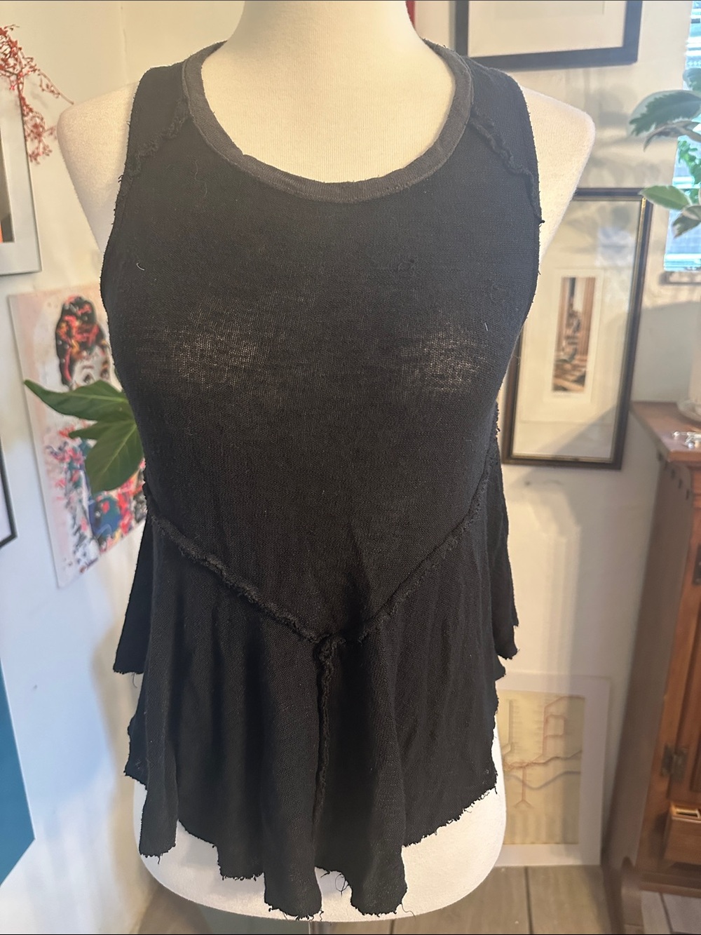 Free People Black Raw-Edge Ruffle Tank Small